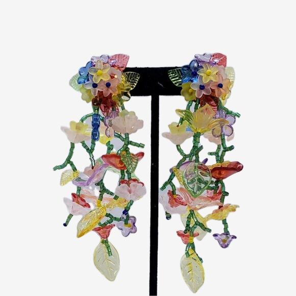 Long Flower Bouquet Earrings Lucite Acrylic Multicolor Bead Boho Summer Chacha - Picture 1 of 8